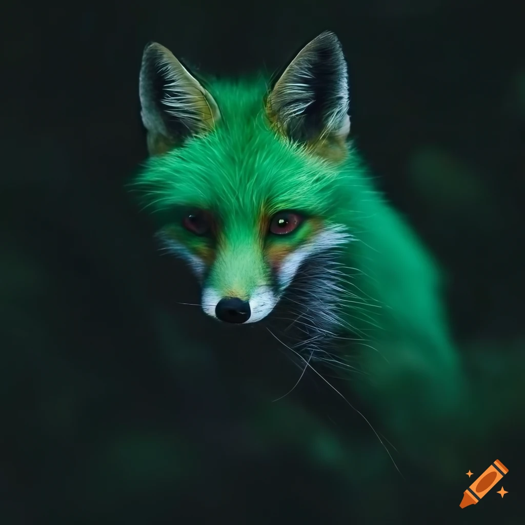 Photograph of a fox with green fur in a jungle