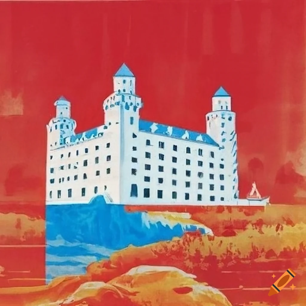 soviet-style postcard of Bratislava Castle in white, blue, and red