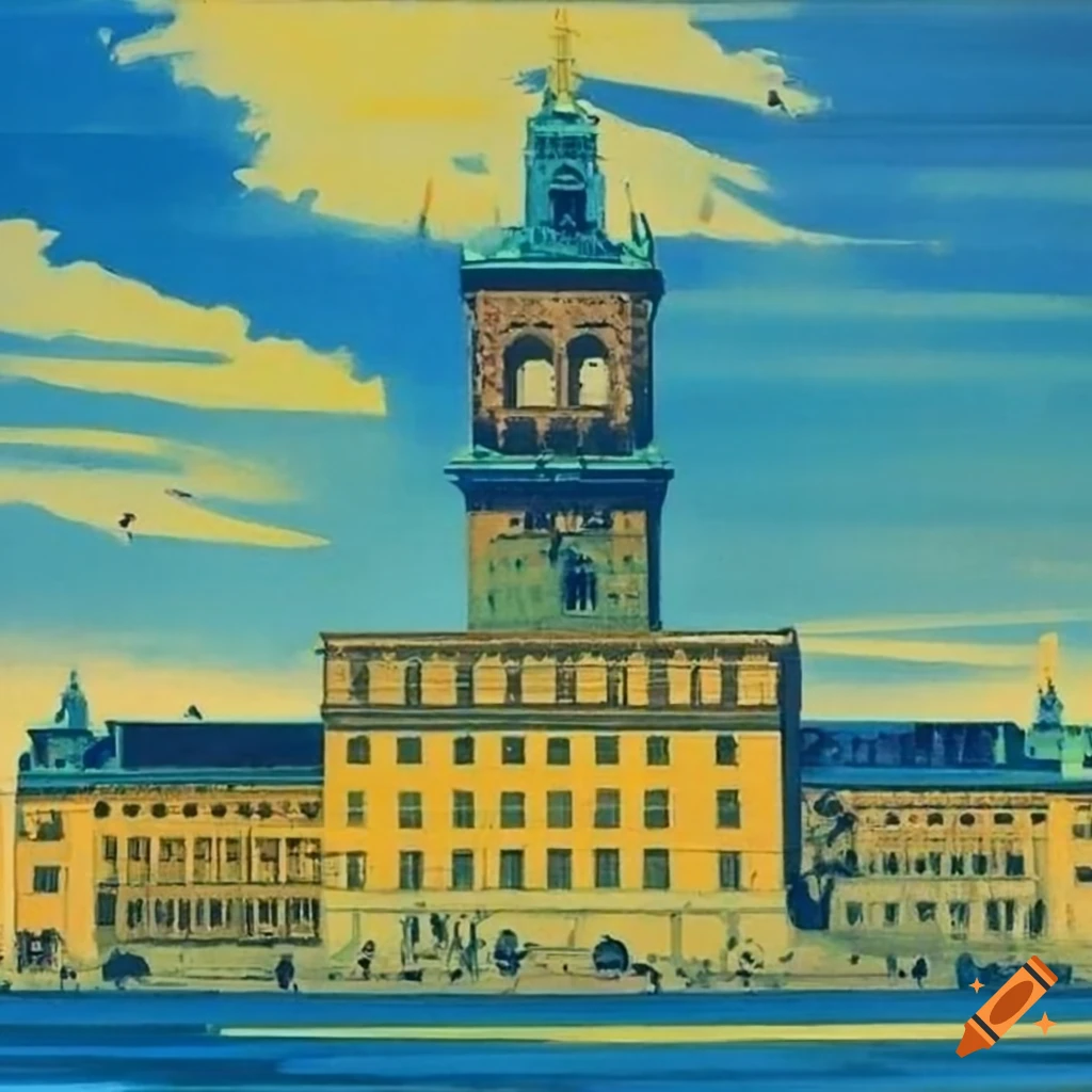 blue and yellow artwork of Stockholm City Hall in Soviet propaganda style