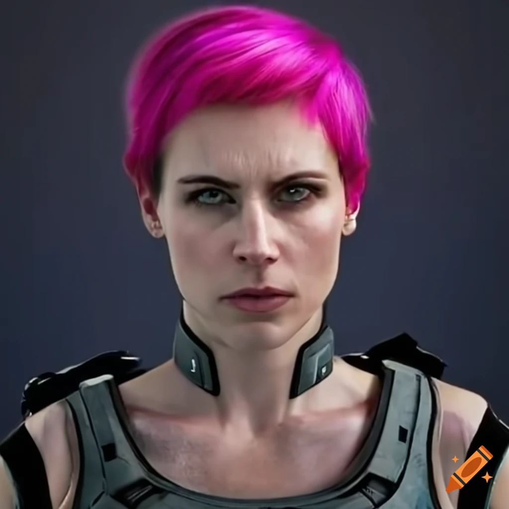 Portrait of a futuristic woman with short pink hair and green eyes on ...