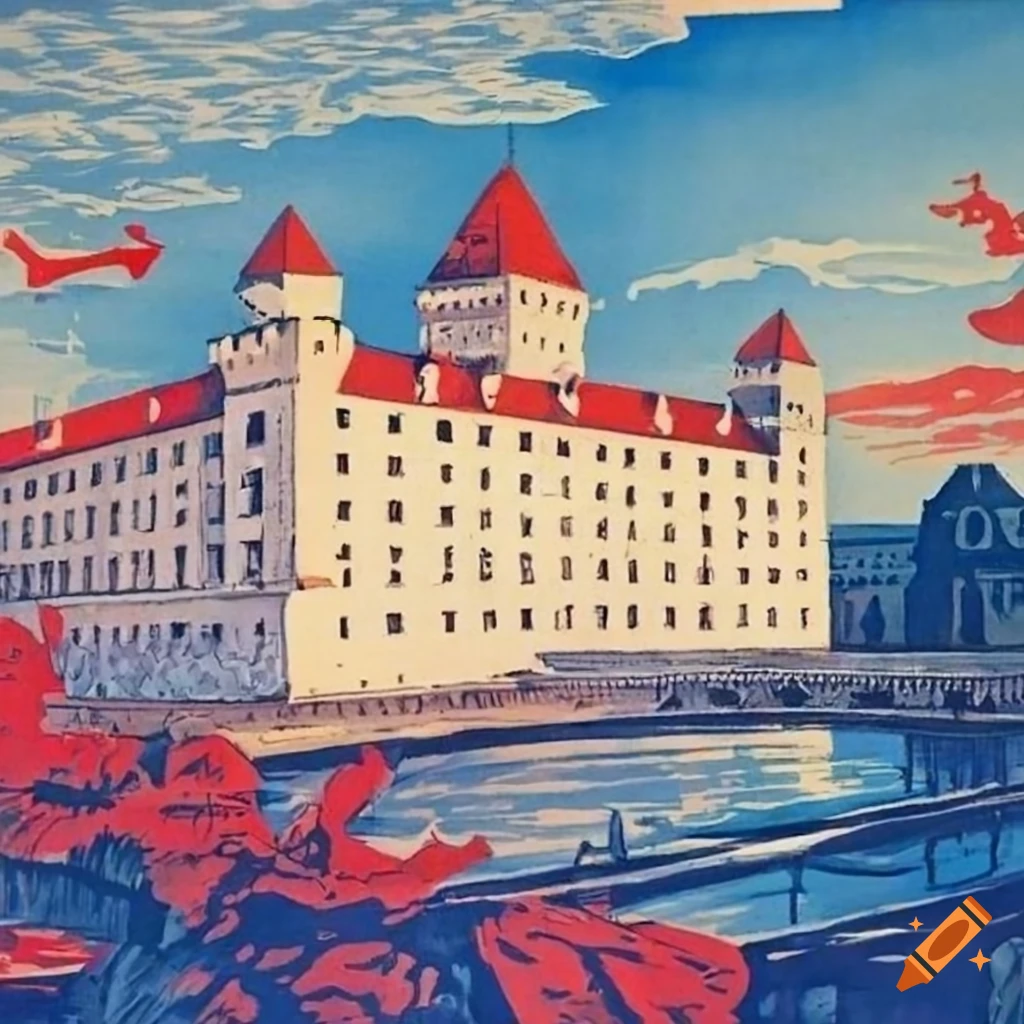 postcard of Bratislava Castle in Soviet propaganda style