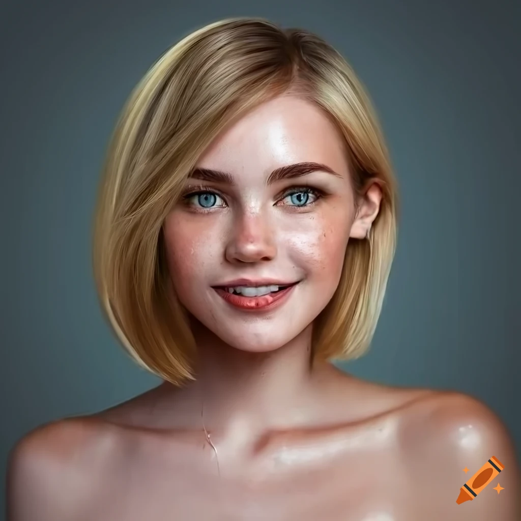 portrait of a beautiful young woman with freckles and blonde bobbed hair
