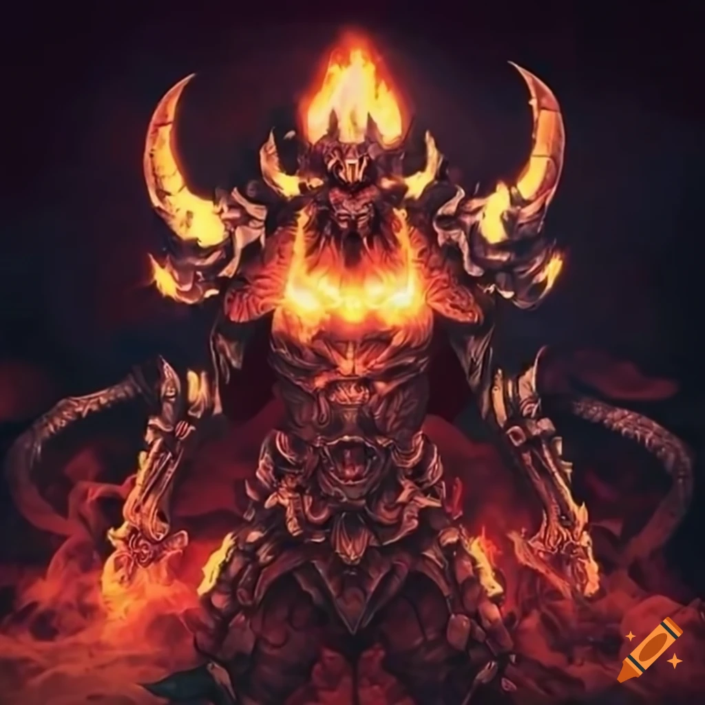 image of an armored demon god engulfed in fire