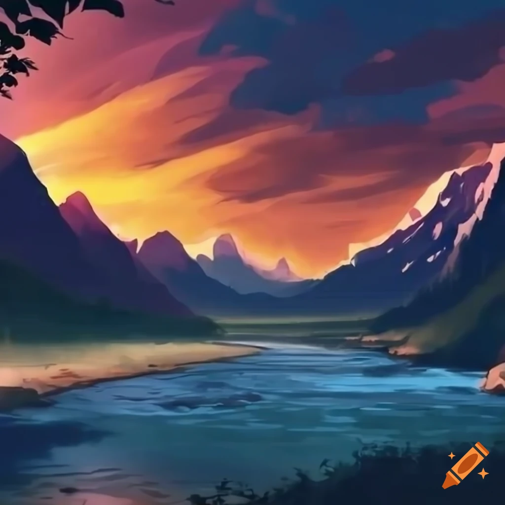 anime scenery with a river and mountains