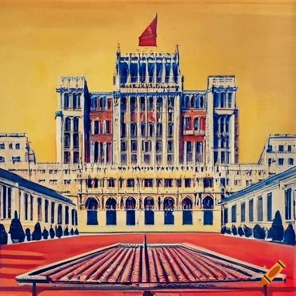 blue, yellow and red propaganda style postcard of Romanian Palace of Parliament