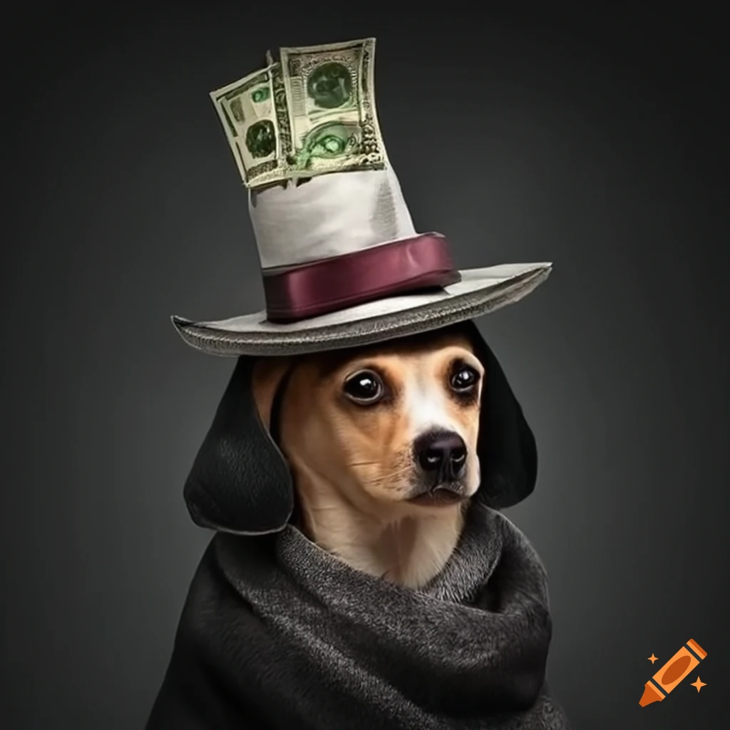 hyperrealistic dog wearing a top hat and carrying a bag of money