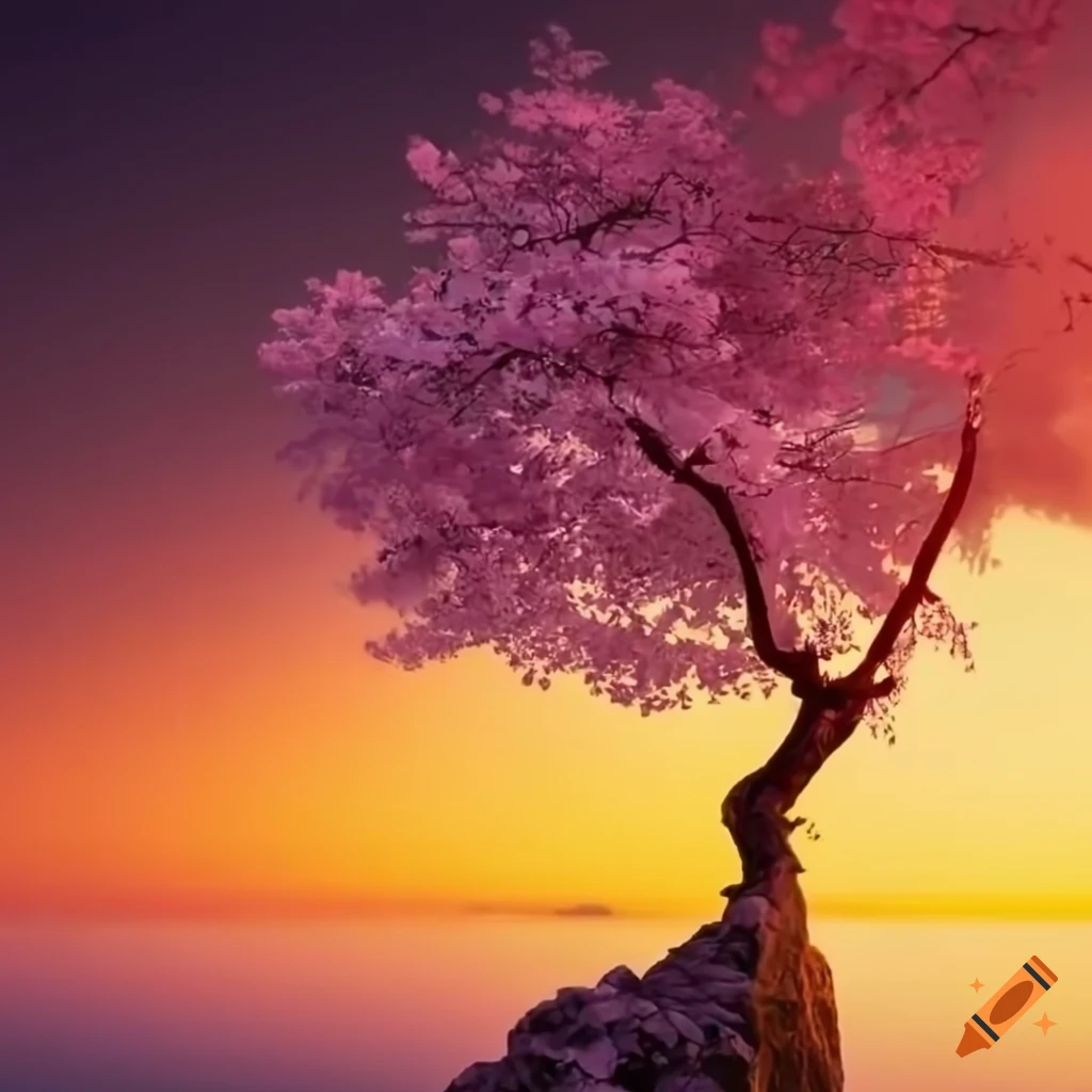 Sunset view of a cherry blossom tree on a cliff on Craiyon