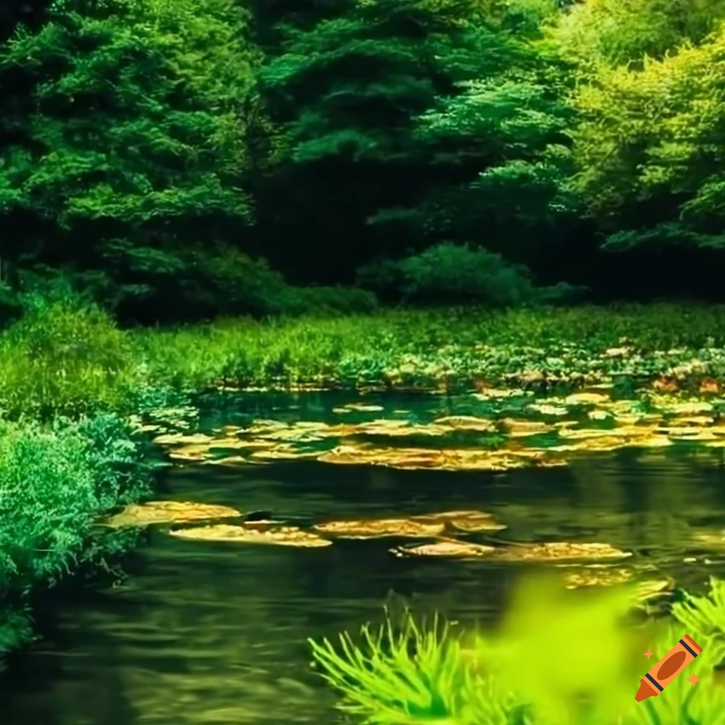 scenic pond surrounded by trees and flowers