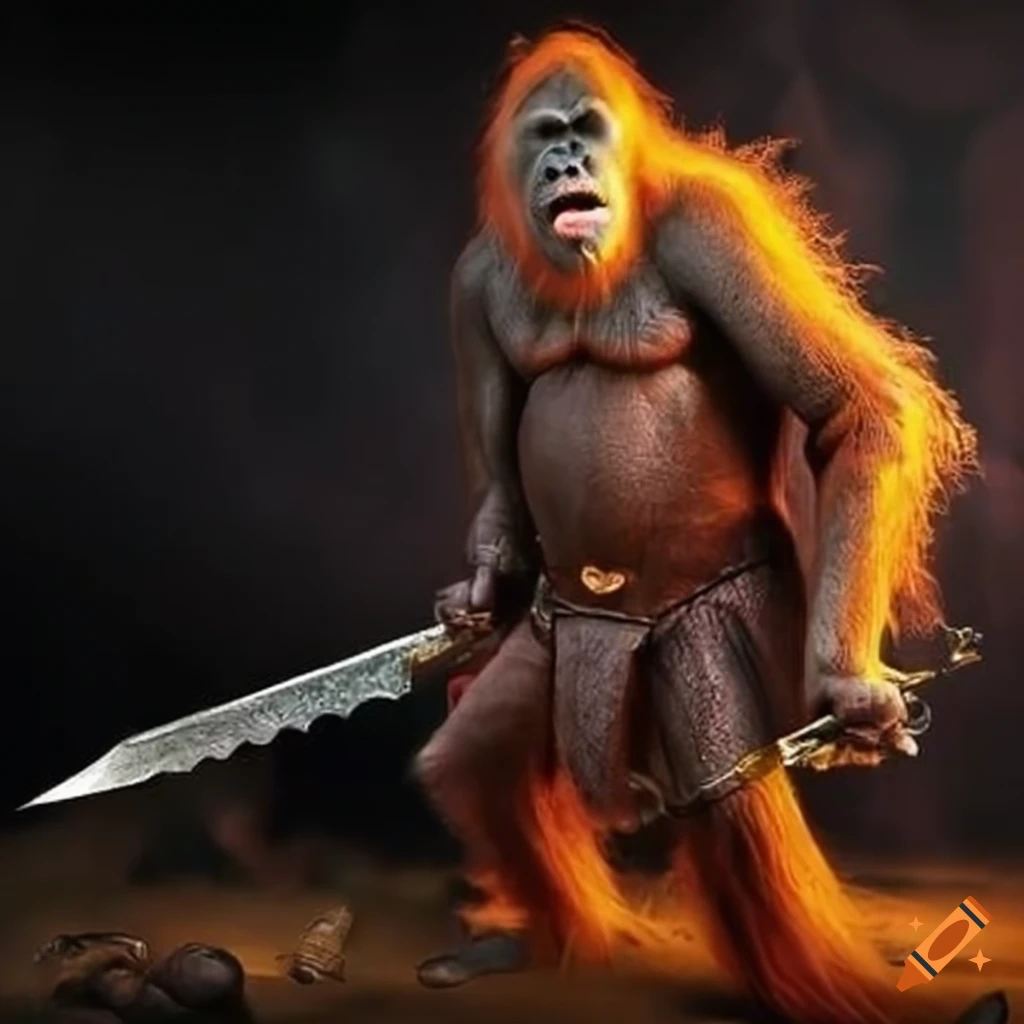 fantasy artwork of an orangutan warrior with a sword