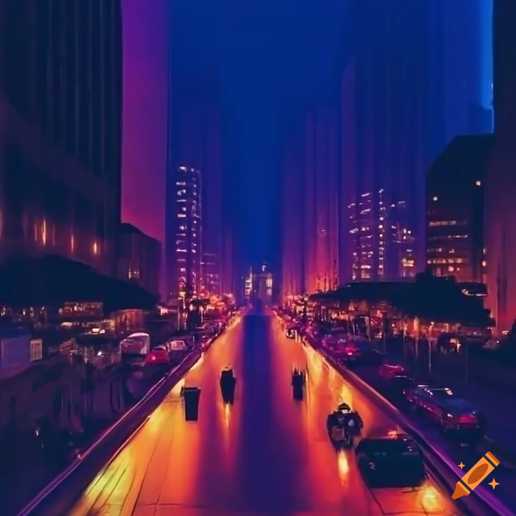 city skyline at dusk with vibrant blue and orange colors