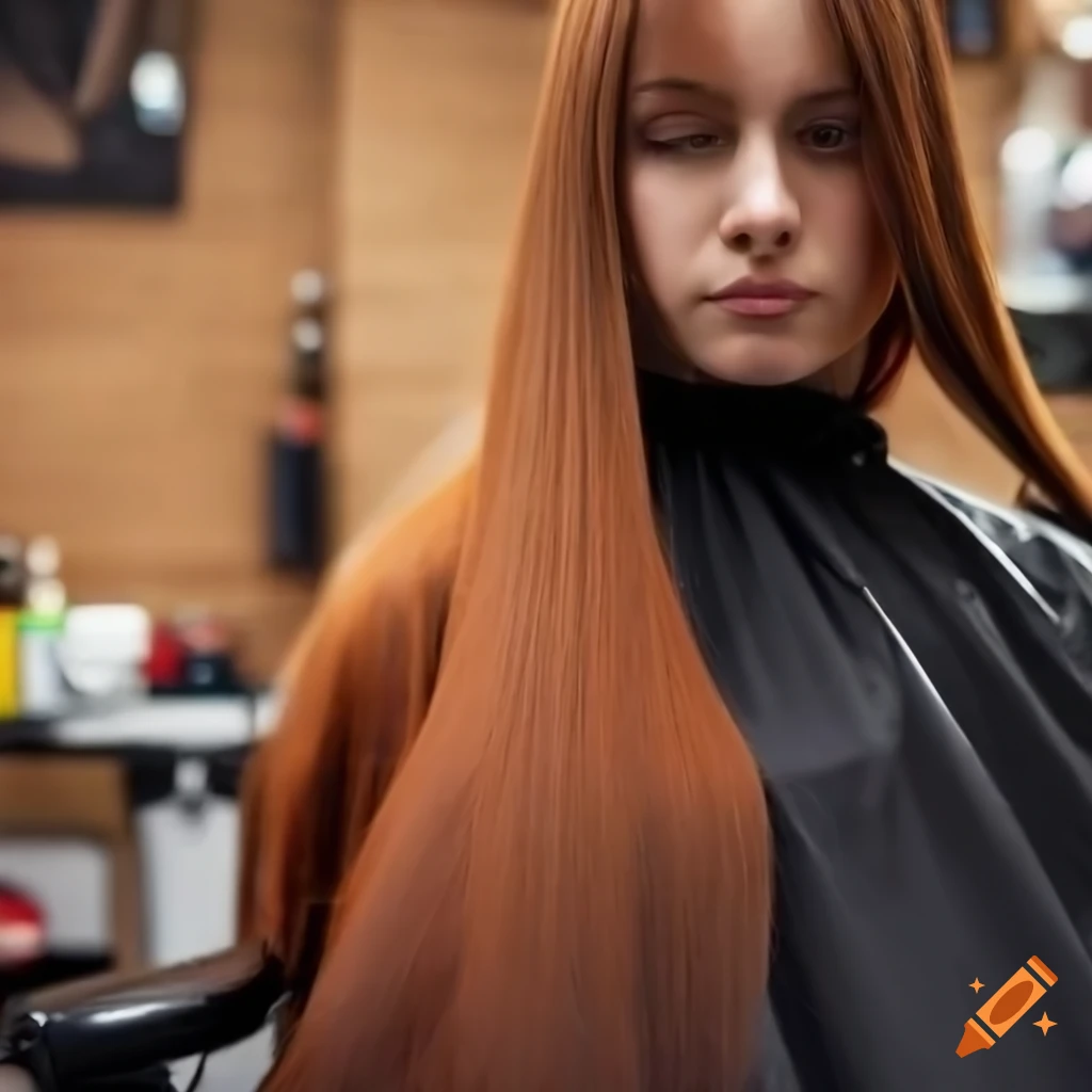 girl with long auburn hair in a barber shop