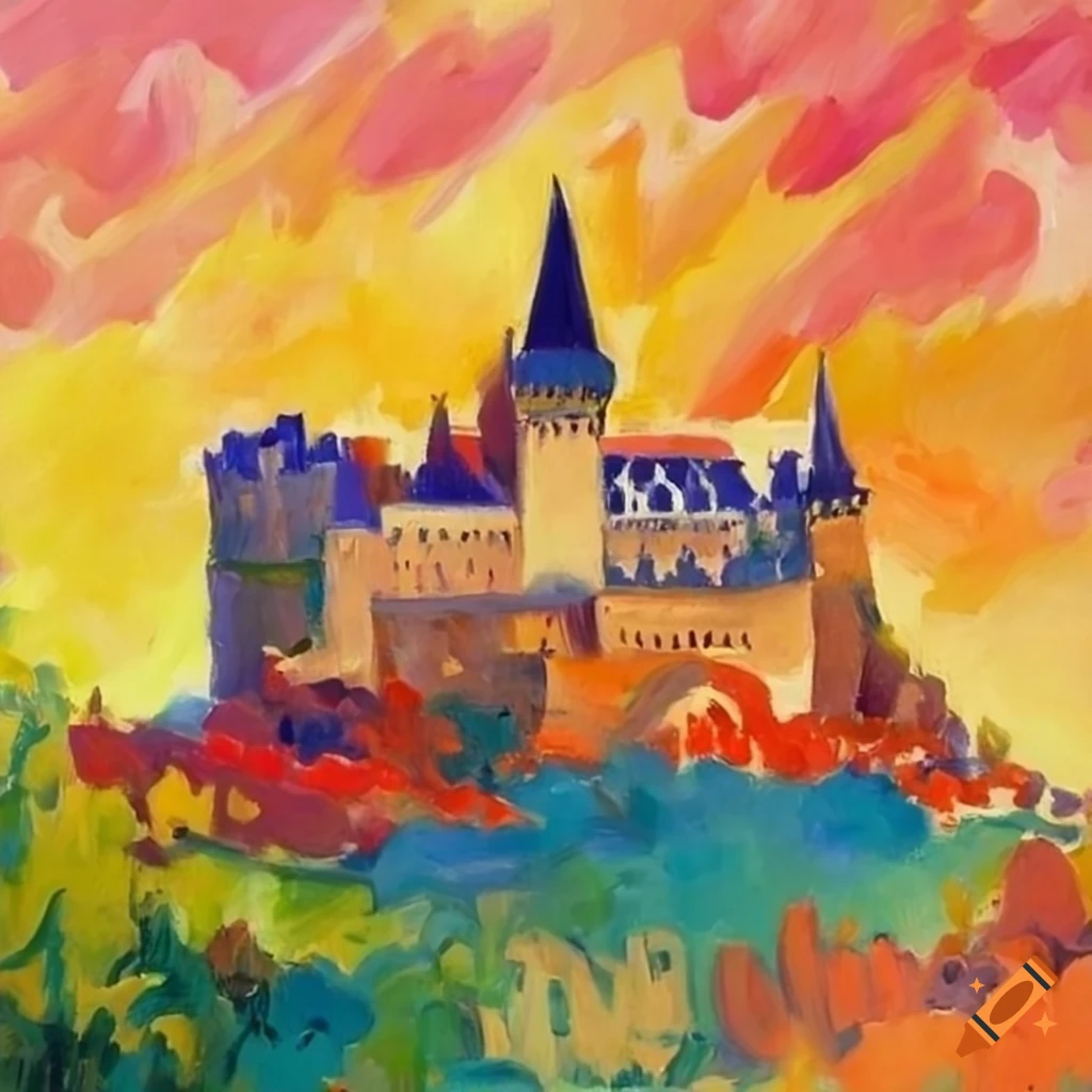 oil painting of a Hungarian castle in Matisse style