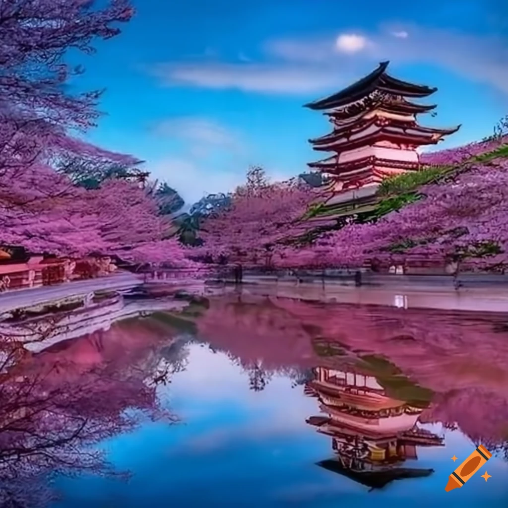 Japanese temple surrounded by cherry blossoms