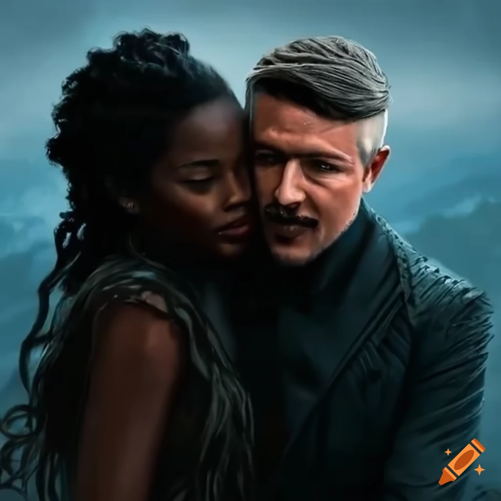Petyr Baelish from Game of Thrones hugging a woman with long dark brown hair