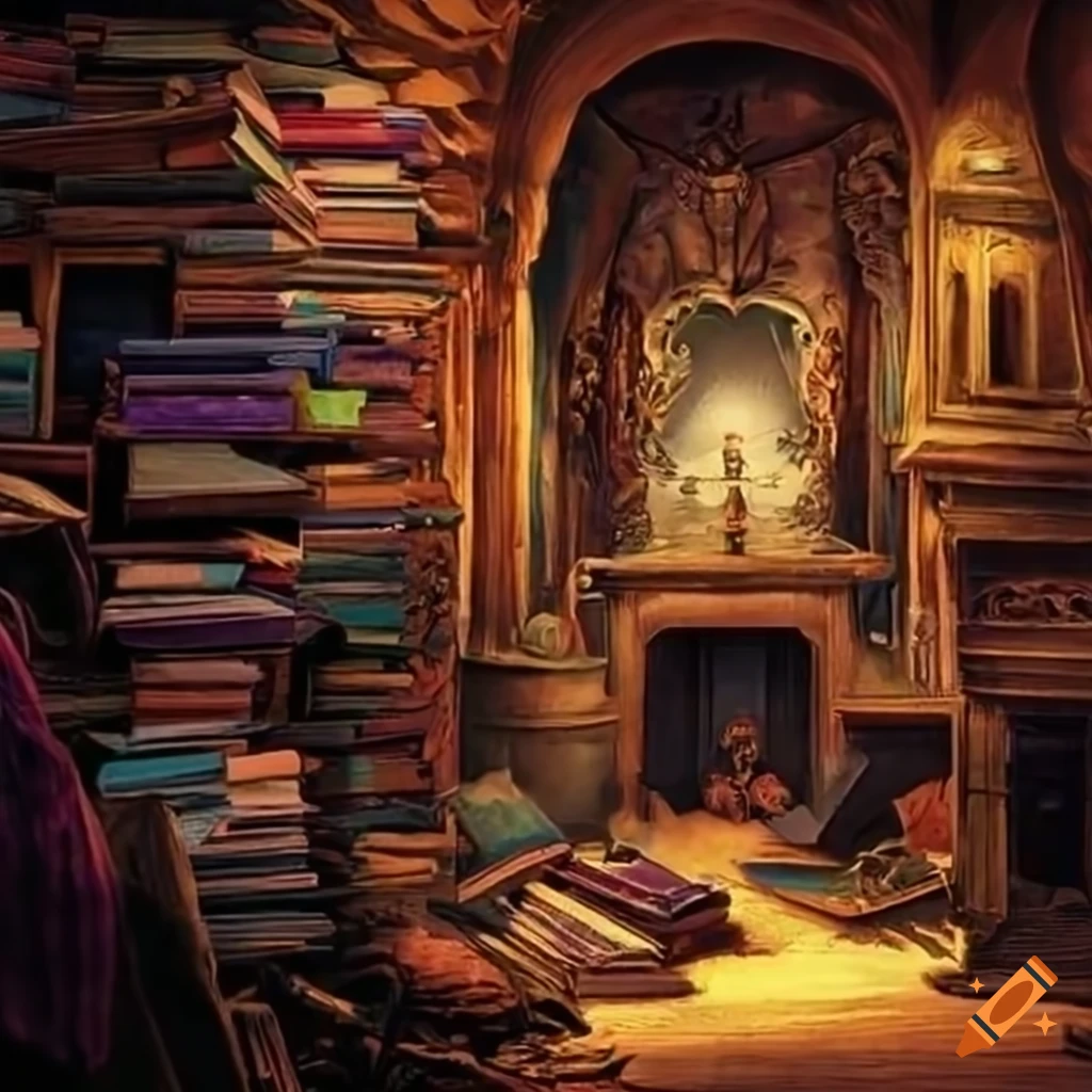 fantasy room filled with piles of books and objects