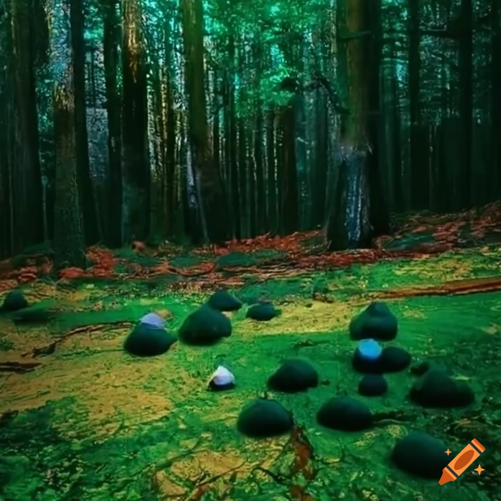 colorful mushrooms with eyes in a surreal forest