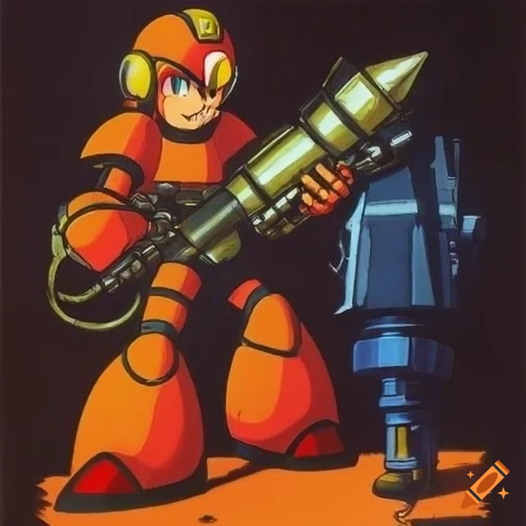 sci-fi artwork of a mega-man with grenade launcher