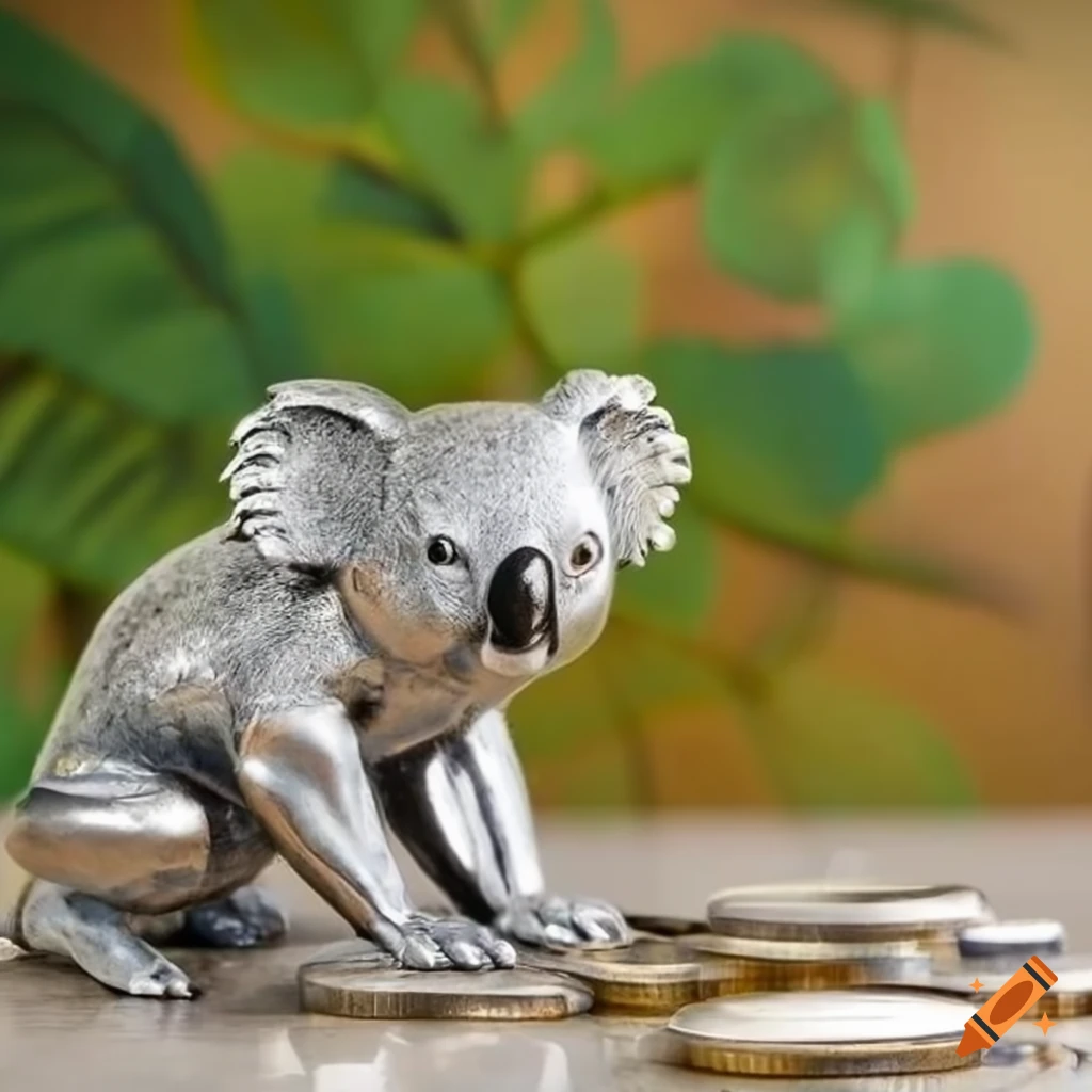 Silver koala statue surrounded by coins on Craiyon