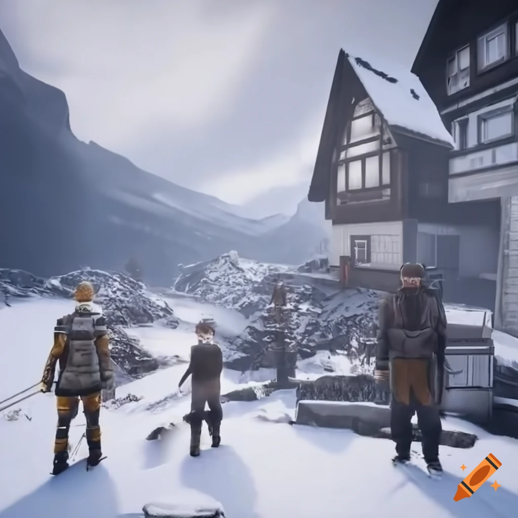 portrait of a happy family in snowy mountains with a sci-fi german village in the background
