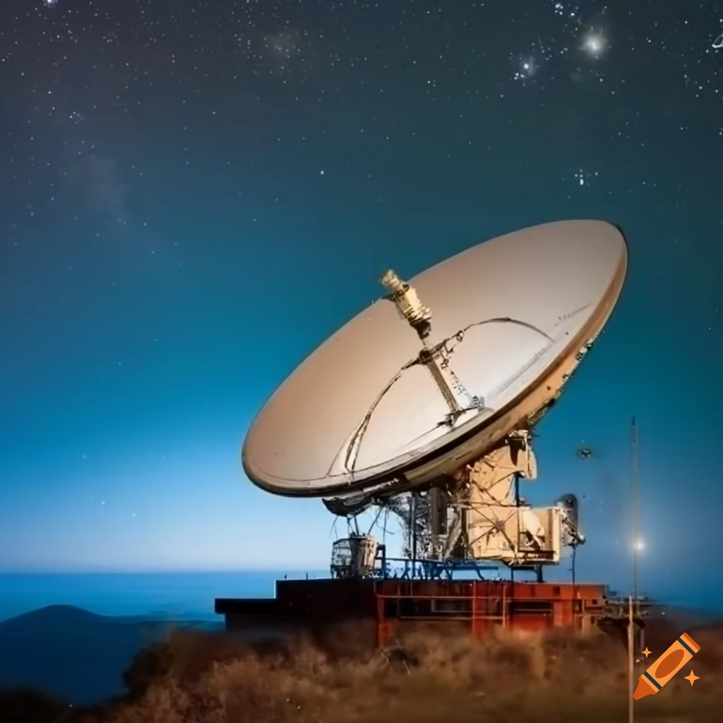 photo of a ground station satellite antenna with milky way in the background