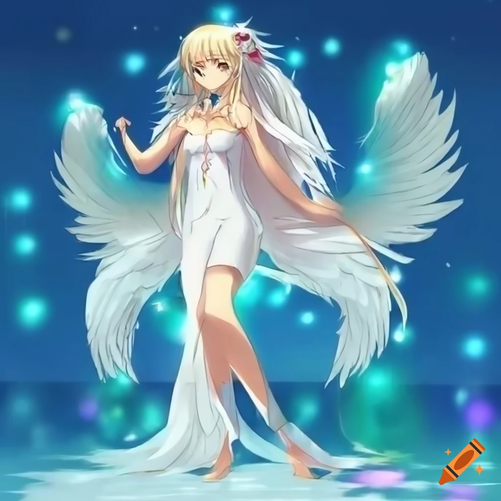 Anime angel with white dress and golden hair on Craiyon, image size:1024x1024