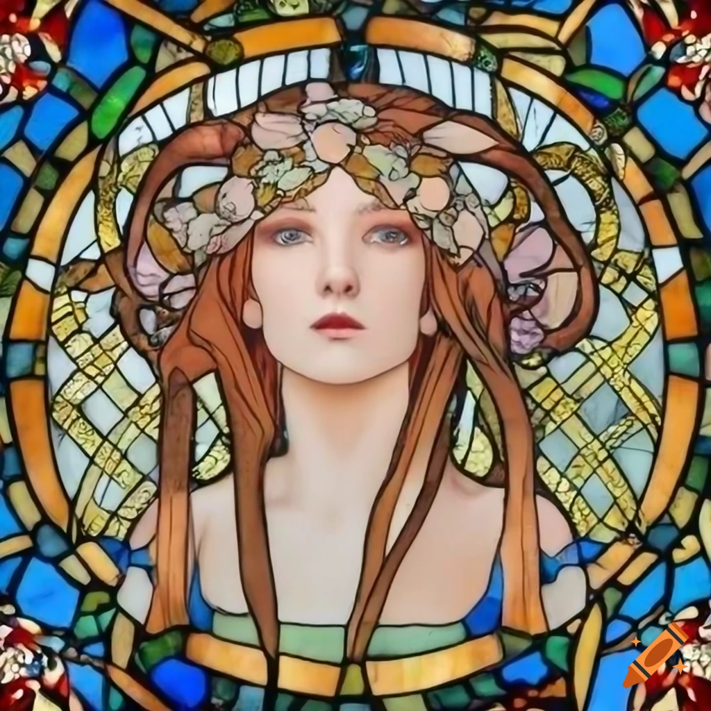 round art nouveau stained glass window with flowing-haired woman