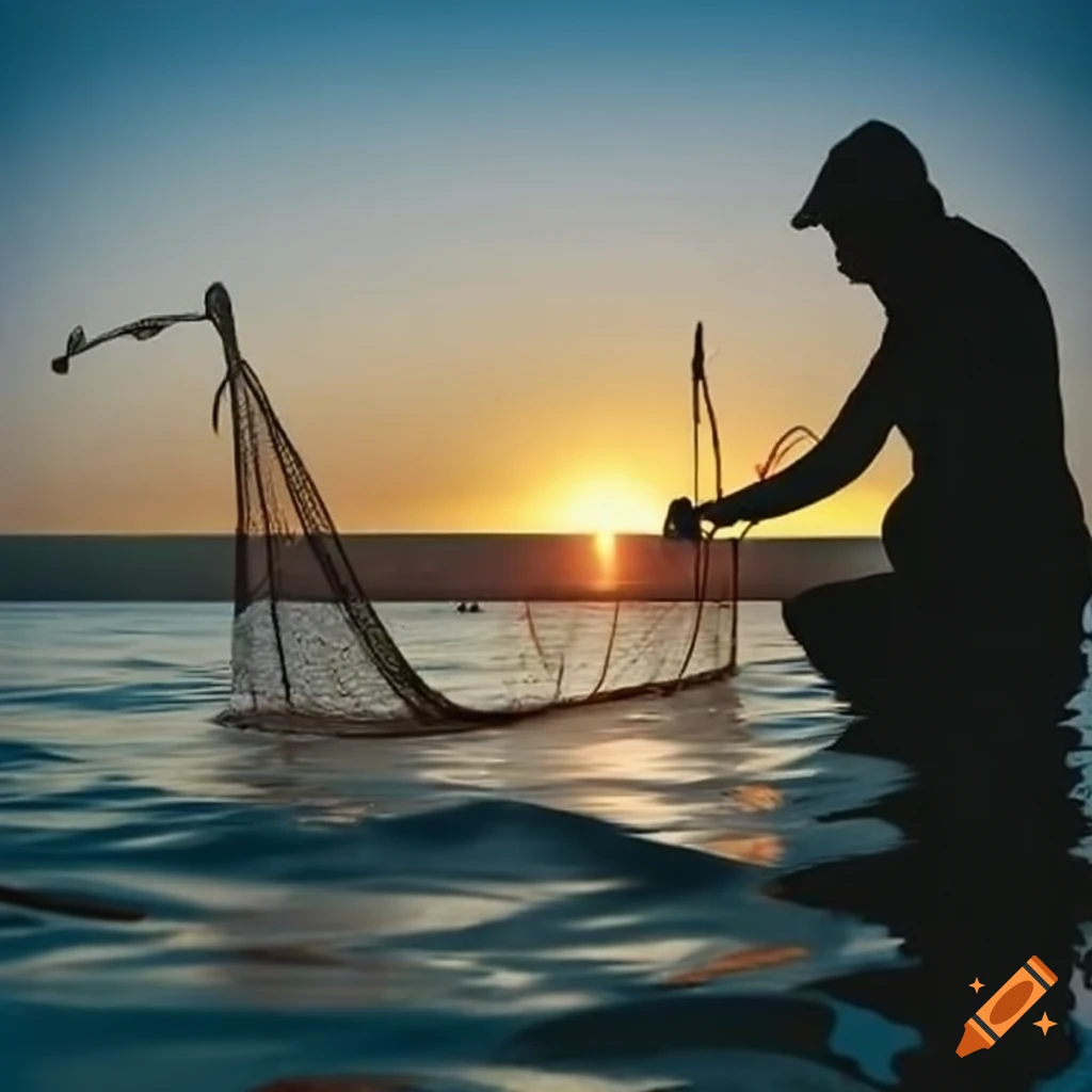 fishermen pulls his net from the water