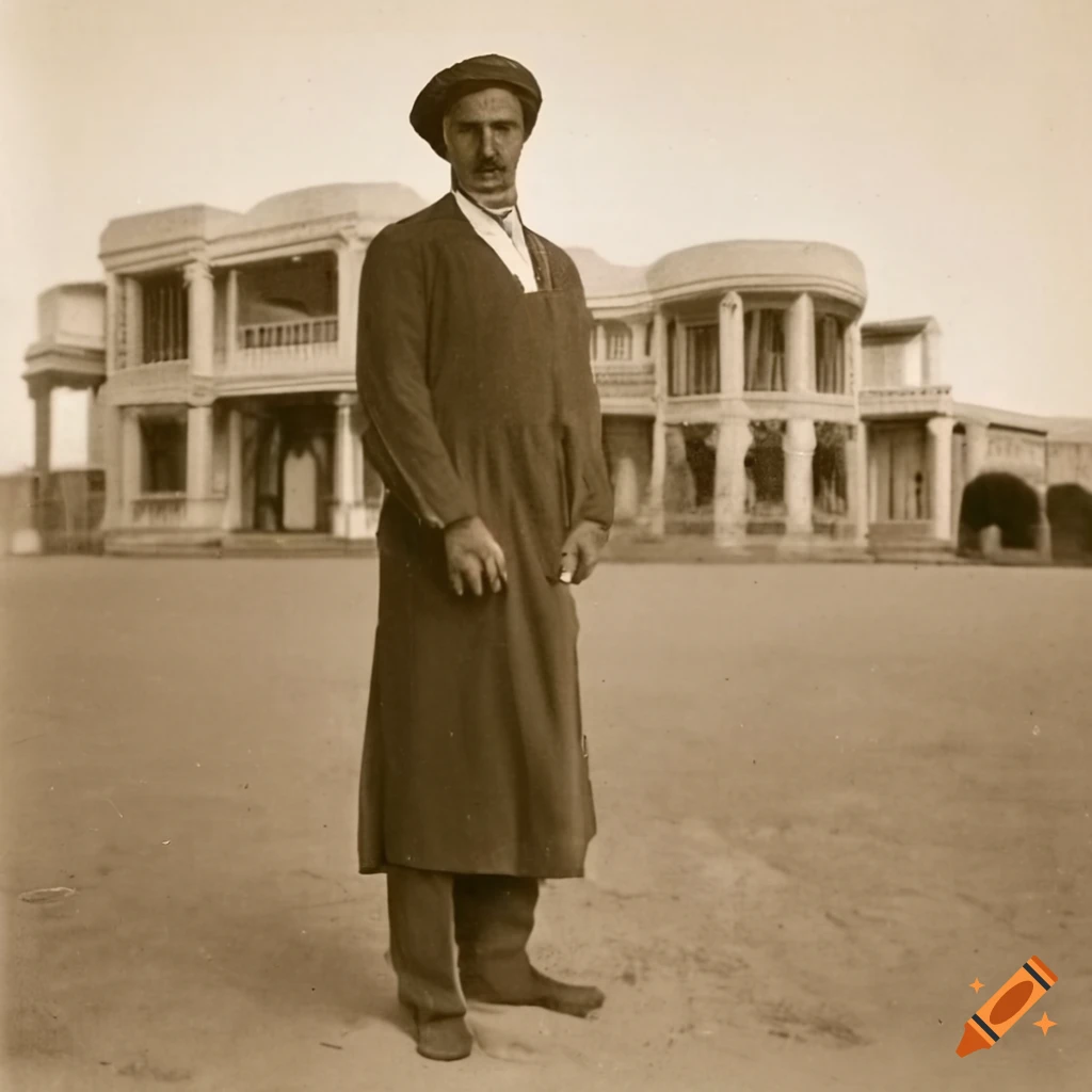 sepia photo of wealthy person in front of a mansion