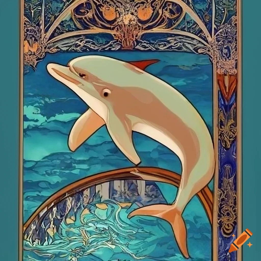art nouveau poster of a dolphin in the sea
