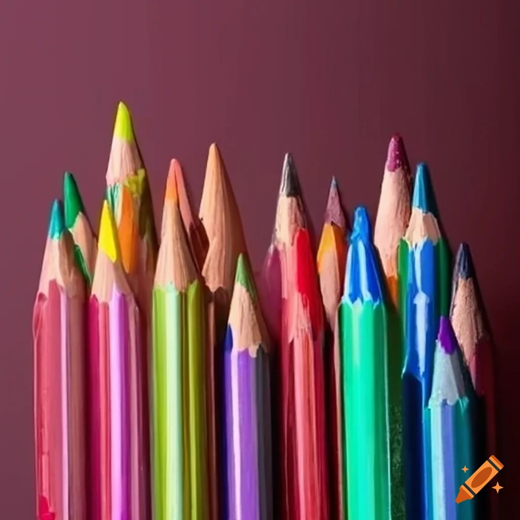 Colored pencil crayons in a row on white background Background