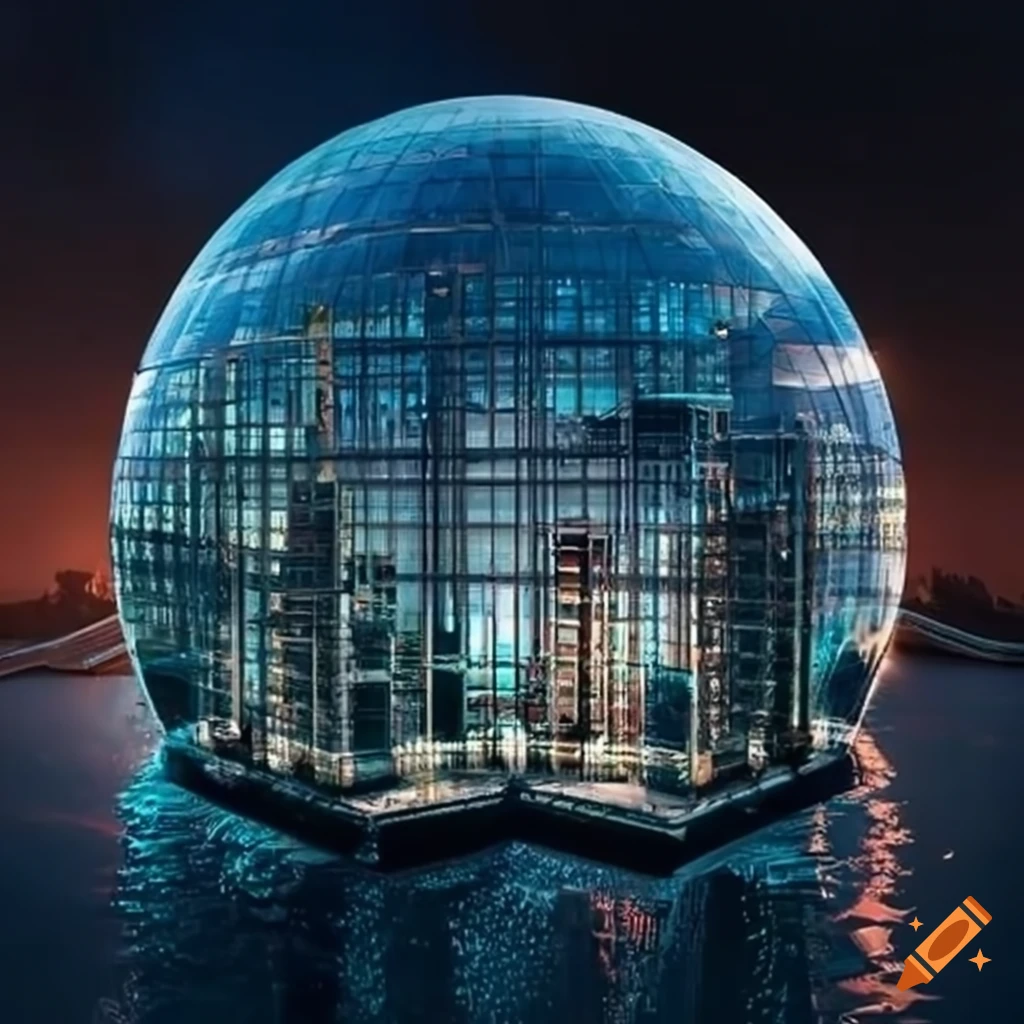 image of a futuristic vertical city with a large glass dome