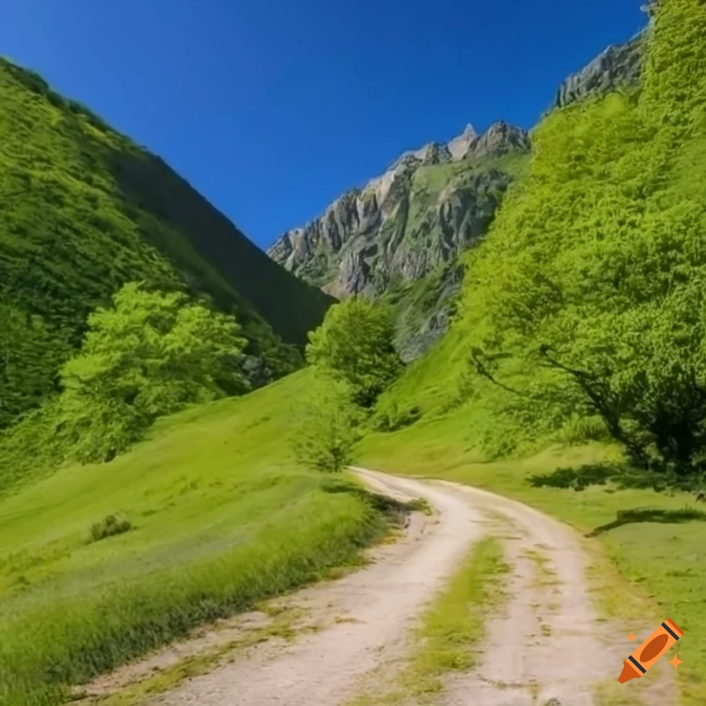 Photograph of a mountain road surrounded by trees and flowers on Craiyon