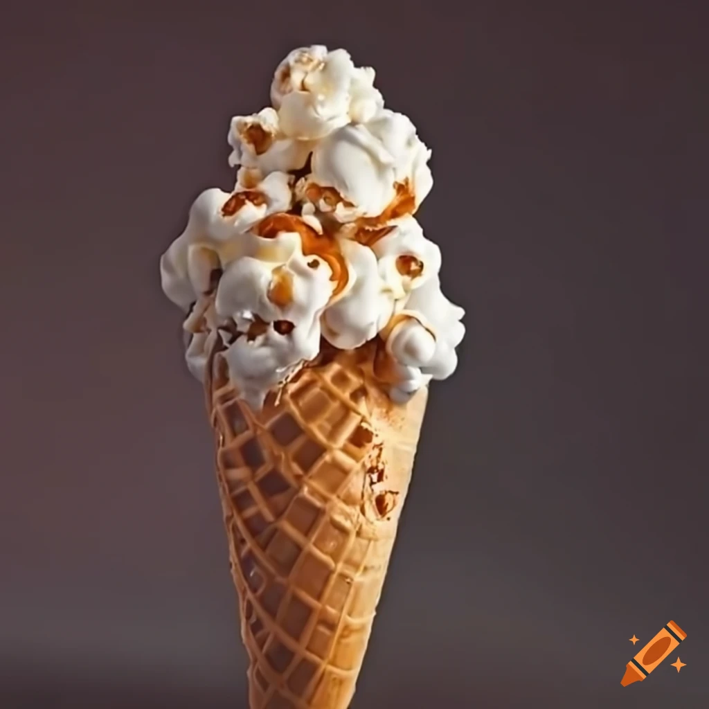 Butter popcorn flavored ice cream cone with caramel shards on Craiyon