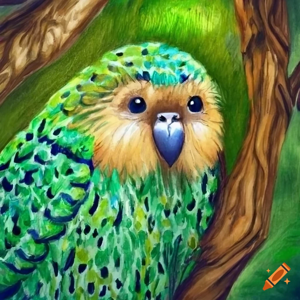 colored pencil sketch of a cute Kakapo bird in a forest