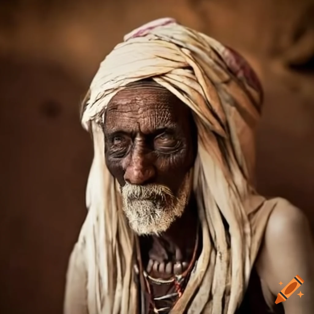black and white portrait of an old man with tribal markings