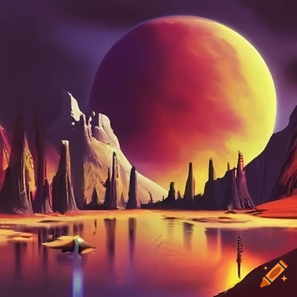 retro 70s sci-fi fantasy landscape art