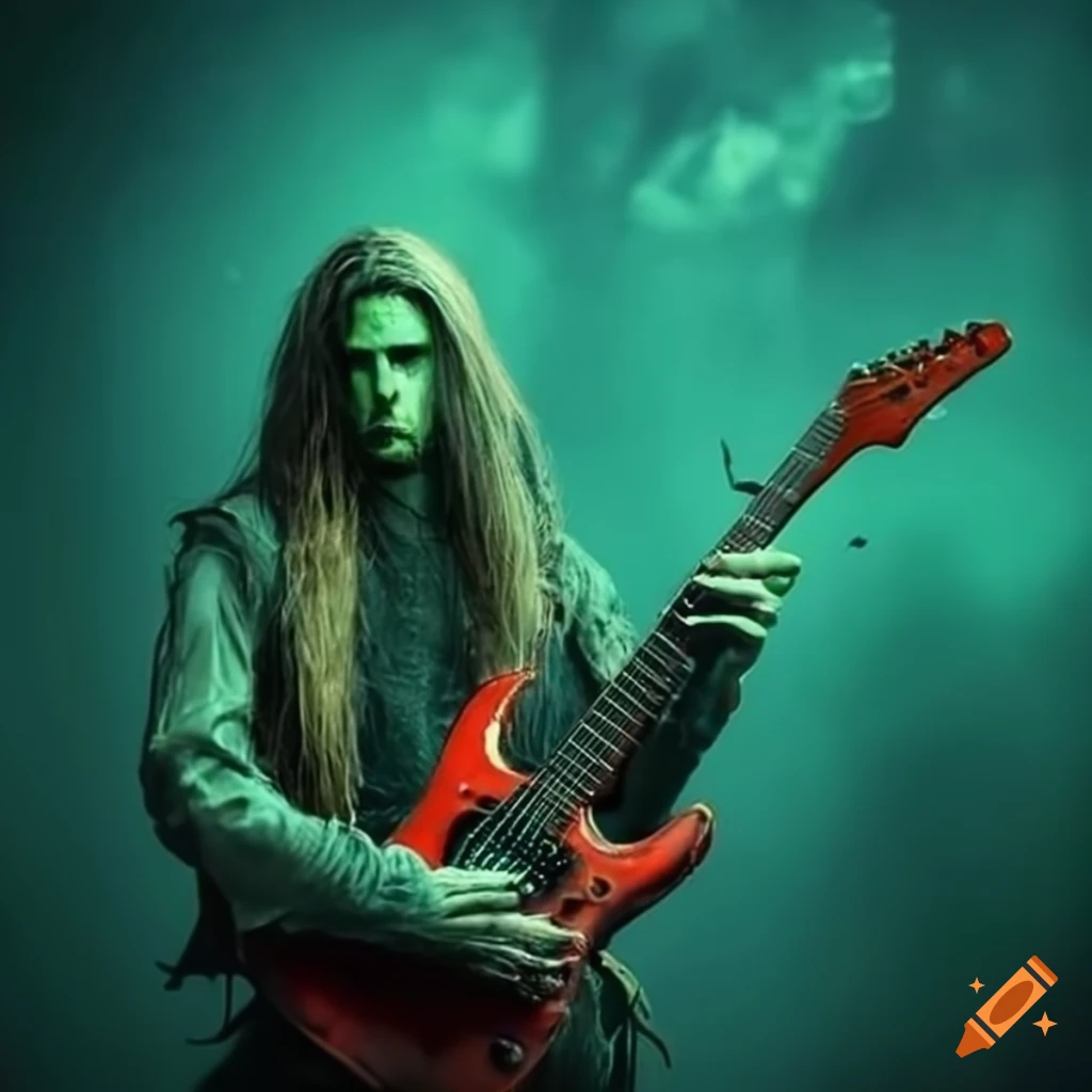 guitarist with long hair in a ghostly green light