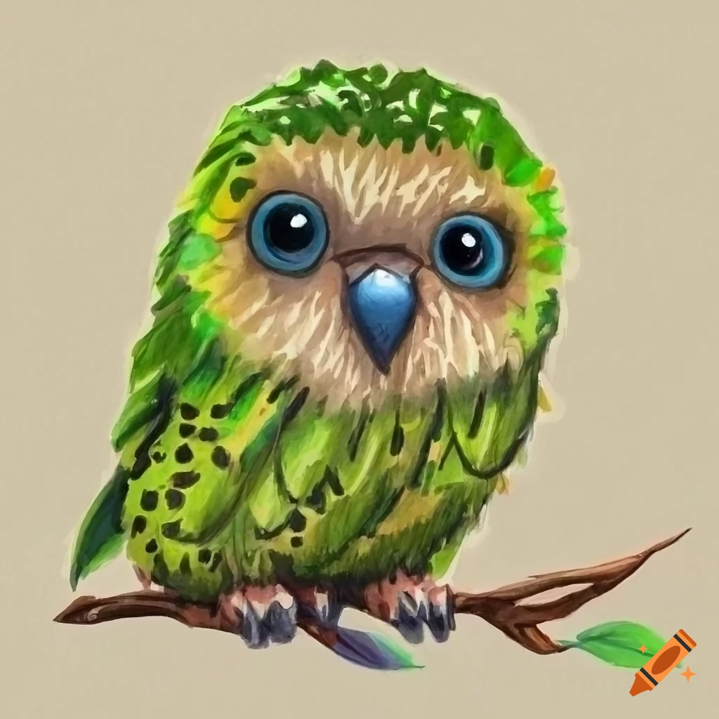 colored pencil sketch of a cute Kakapo bird in a forest