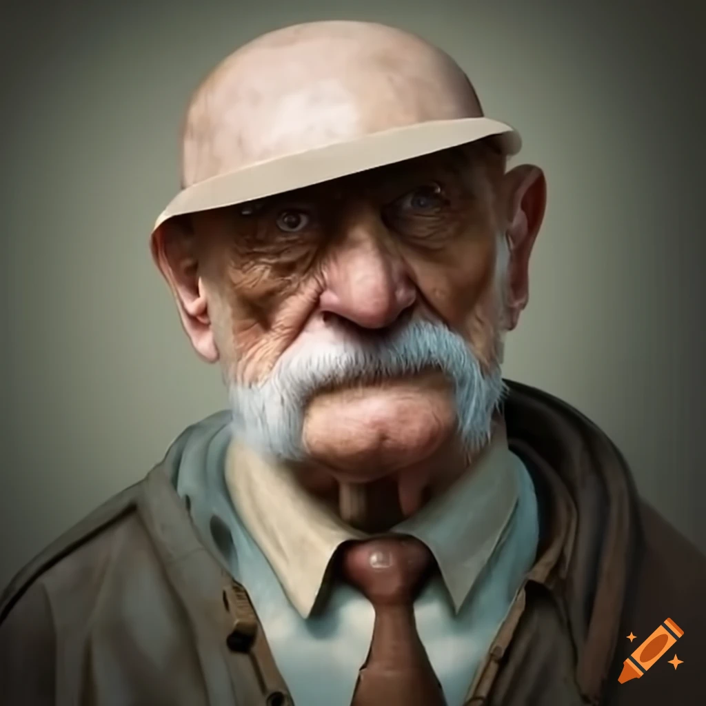 funny image of an old man wearing a toolbox on his head