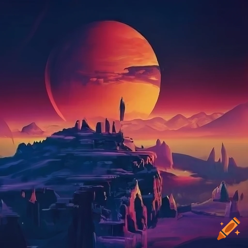 retro 70s sci-fi fantasy landscape art