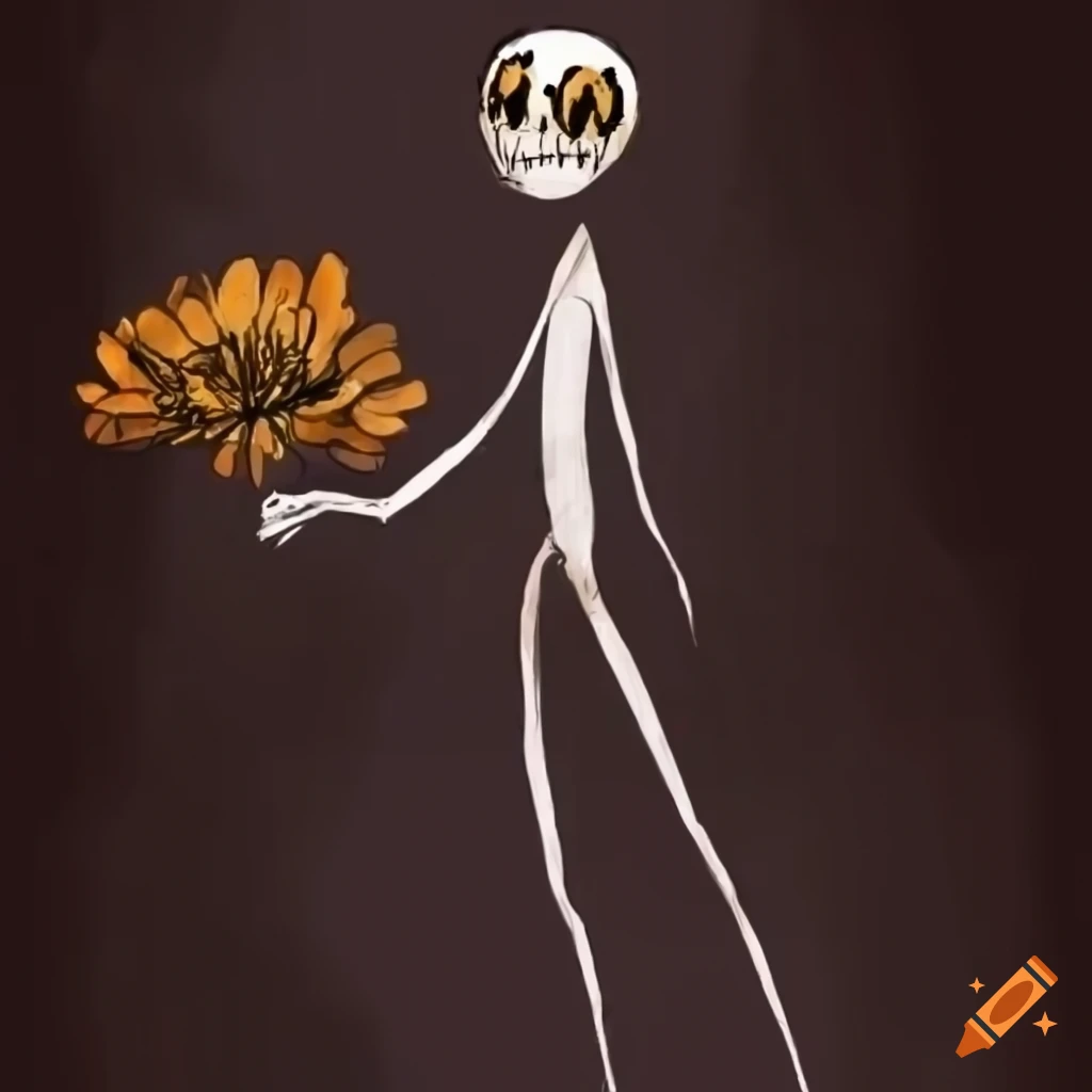 dark artwork of a well-dressed stickman holding dead flowers