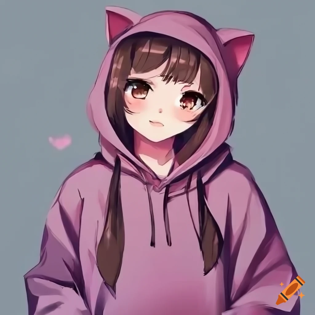 anime-style catgirl with pink hoodie and cat ears