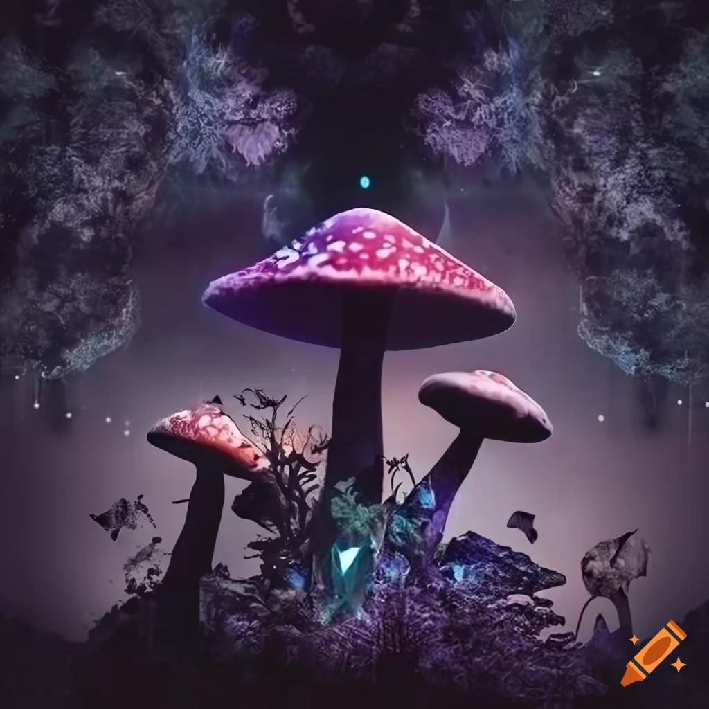 Collage of mystical mushrooms and glowing crystals on Craiyon