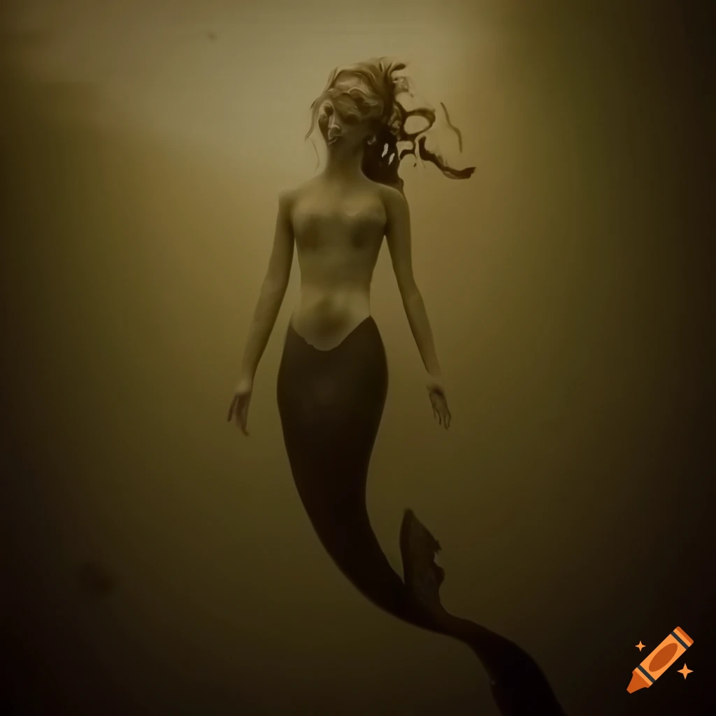 sepia image of a spooky mermaid surrounded by seaweed