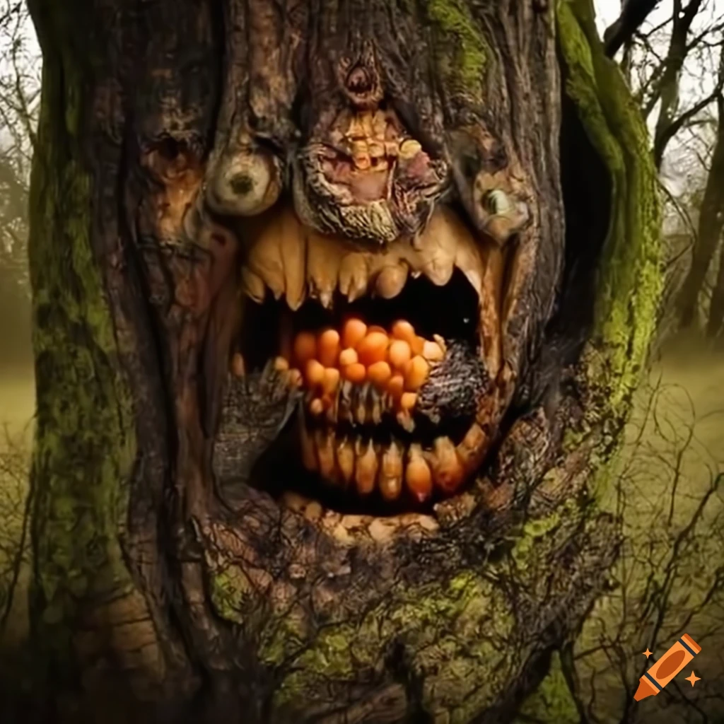 hyperrealistic depiction of a decaying orange fruit tree monster