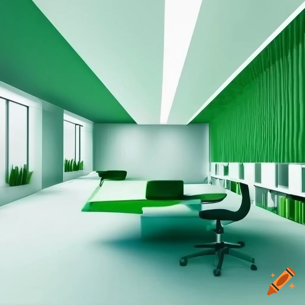 Elegant green and white themed office interior on Craiyon