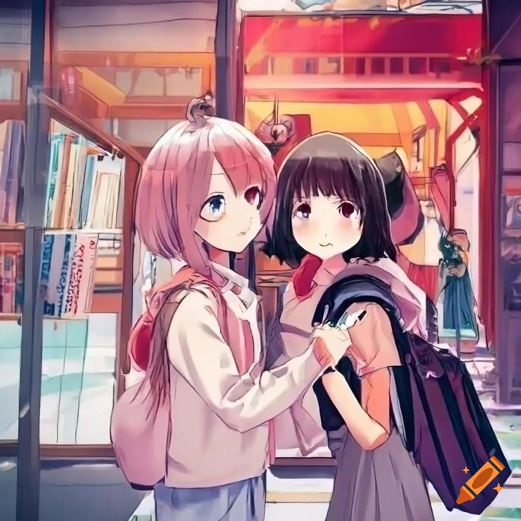 anime girls in casual attire in front of a scientific bookstore