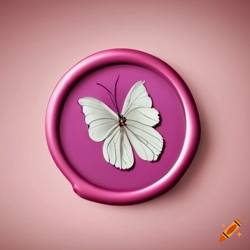 White wax seal with pink butterfly design on Craiyon