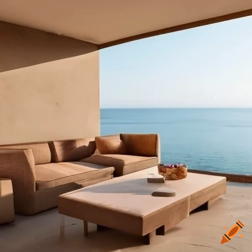 luxury outdoor terrace with sea view and stylish furniture
