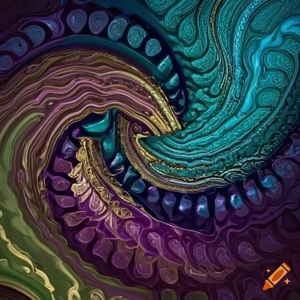 Abstract design of interlocking silver leaves on a vibrant background